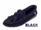 Women's Classic Peace Moc with lightweight rubber sole and fully padded insole. Made with soft, supple suede. Indoor/outdoor use. Colors: black, blue, chocolate, poppy, tan