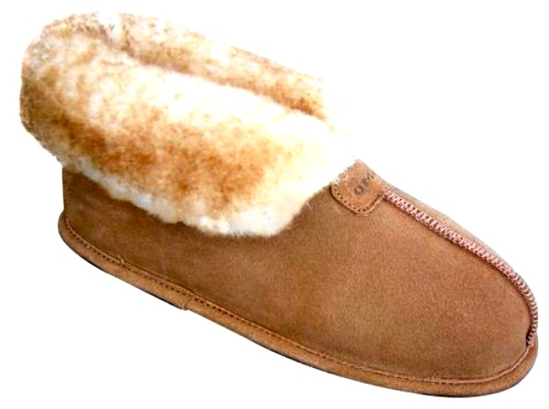 Men's Sheepskin Moccasins - Ankle-Hi Slipper-Shoe-Booties - Leather outsole for confortable indoor use, golden tan and ivory sheepskin; sizes: 7-13 and 14X (full sizes only)