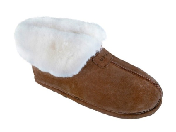 Women's Sheepskin Moccasins - Ankle-Hi Slipper-Shoe-Booties - Leather outsole for confortable indoor use, golden tan and ivory sheepskin; sizes: 5-11 (full sizes only)